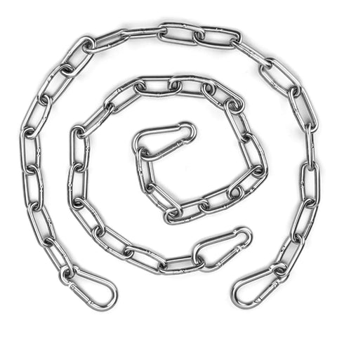 Two Pack Stainless Steel Gate Chain Lock For Outdoor Fences With Carabiner 24 Inch 5/32 Inch Links displayed coiled with carabiners
