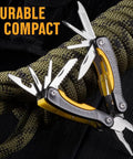 Mini 12-in-1 multitool with pliers; yellow and black handle, stainless steel blades