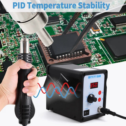 858D Hot Air SMD Rework Station with digital soldering heat gun used on PCB for precise temperature control soldering