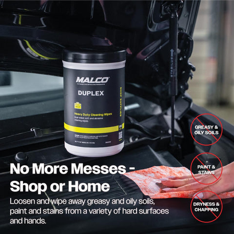 Heavy Duty Cleaning Wipes For Home And Auto With Dual Sided Texture Wet Wipes That Power Through Grease Tar Paint Oil Dirt Without Residue Safe On Hands Made In USA 130 Wipes displayed under car hood