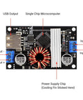 Buck Boost Voltage Regulator Module With USB Port And LCD Display Converts 6 To 30V DC In To 0.5 To 30V DC Out Adjustable 5V 12V 24V 4A Max 60W Power Supply DIY Friendly Step Up Down Board For Projects showing ports and chips.