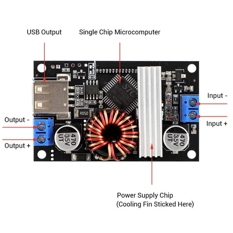 Buck Boost Voltage Regulator Module With USB Port And LCD Display Converts 6 To 30V DC In To 0.5 To 30V DC Out Adjustable 5V 12V 24V 4A Max 60W Power Supply DIY Friendly Step Up Down Board For Projects showing ports and chips.