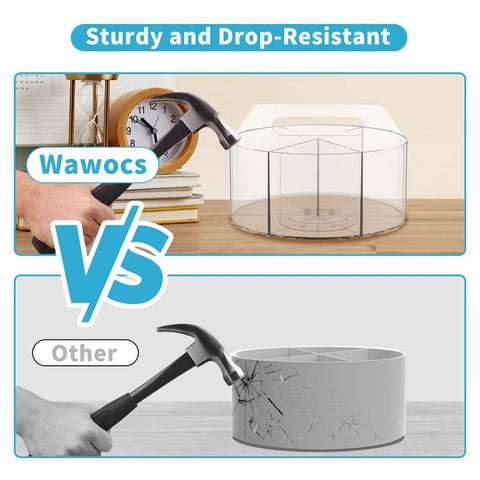 Comparison of Six-Compartment Spinning Acrylic Desk Organizer for Kids and Crafters with another organizer being hammered, showing durability.