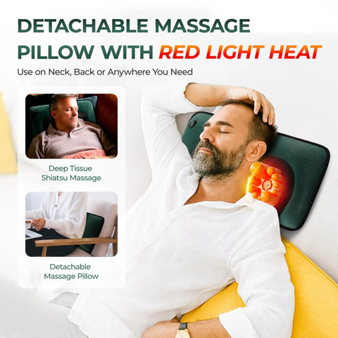 Man using detachable massage pillow with red light heat, part of the Ultimate Full Body Massage Mat With Heat And Detachable Neck Massager