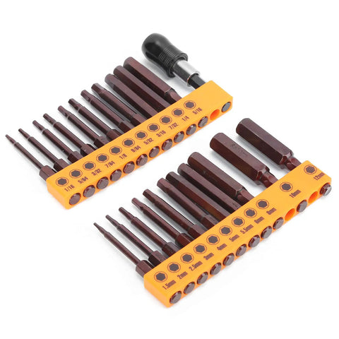 23 Piece Screwdriver Bit Set with Hex Heads And Two Styles Made From Top Tier S2 Steel For Heavy Duty Drilling And Manual Tools. bits in orange holders