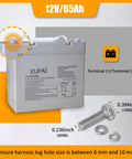ApolloLift 12V 65Ah Lead Acid Battery For Electric Pallet Jack Truck Model A-1029 showing terminals and size specifications.