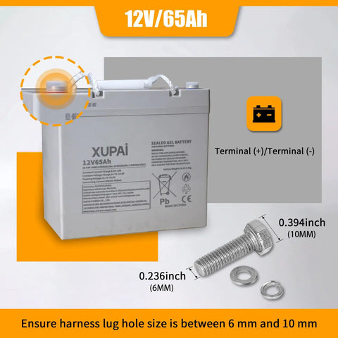 ApolloLift 12V 65Ah Lead Acid Battery For Electric Pallet Jack Truck Model A-1029 showing terminals and size specifications.