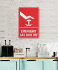 Emergency Gas Shut Off Symbol Aluminum Warning Sign 8x12 Inch Built To Last Heavy Duty No Nonsense Rust Free Pre Drilled Weather Resistant Facility Plaque For Commercial Kitchens And Industrial Gas Supply Zones mounted in kitchen
