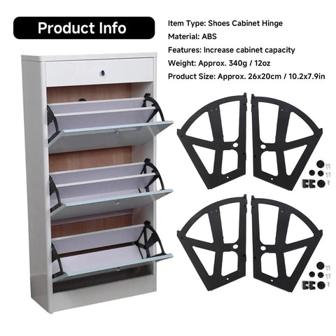 Double Layer Shoe Cabinet Hinges Kit With Four ABS Hinge Units And Twenty Installation Accessories shown next to a shoe cabinet.