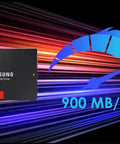 Samsung Solid State Drive displayed with speed gauge showing 900 MB/s on vibrant background for Professional Dual Ssd Docking Station Usb 3.2 Gen 2 10gbps Usb C Raid 0 1 Jbod External Drive Adapter For Straight Up Reliable Backups 4K Media Ingest Dit Workflow Boss Level Metal Build.