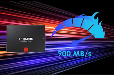 Samsung Solid State Drive displayed with speed gauge showing 900 MB/s on vibrant background for Professional Dual Ssd Docking Station Usb 3.2 Gen 2 10gbps Usb C Raid 0 1 Jbod External Drive Adapter For Straight Up Reliable Backups 4K Media Ingest Dit Workflow Boss Level Metal Build.