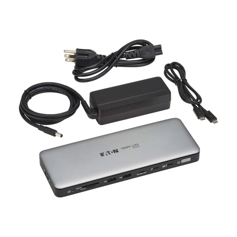 Slick Thunderbolt 4 Docking Station For Laptops Drives Dual Screens With 8K 60Hz Or 4K 144Hz Plug And Play with power cables.