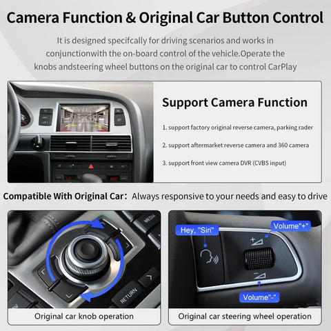 Details of Wireless CarPlay And Android Auto Retrofit Kit For Audi A6 S6 (2010-2011) And Audi Q7 (2010-2015) showing controls.