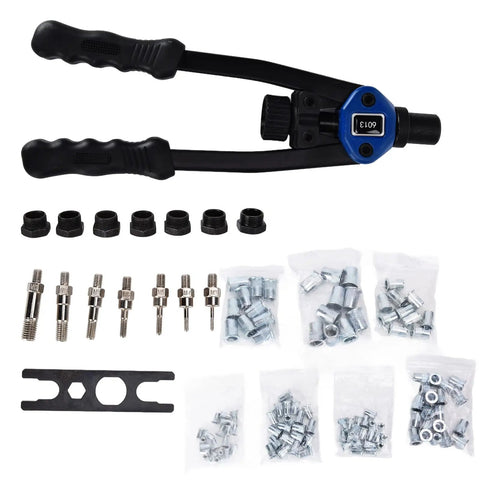 Awesome GFSGHZZ Hand Riveter Tool Set With Auto Locking Mechanism And 126 Piece Rivet Kit For M3 To M12 Fasteners Perfect For DIY Pros and Home Projects. black hand riveter with rivet nuts and size range