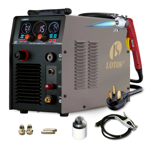 Apex LTP8500 85A HF Pilot Arc Plasma Cutter with Drag-Cut Enabled, showing LED controls, front regulator, and accessories.