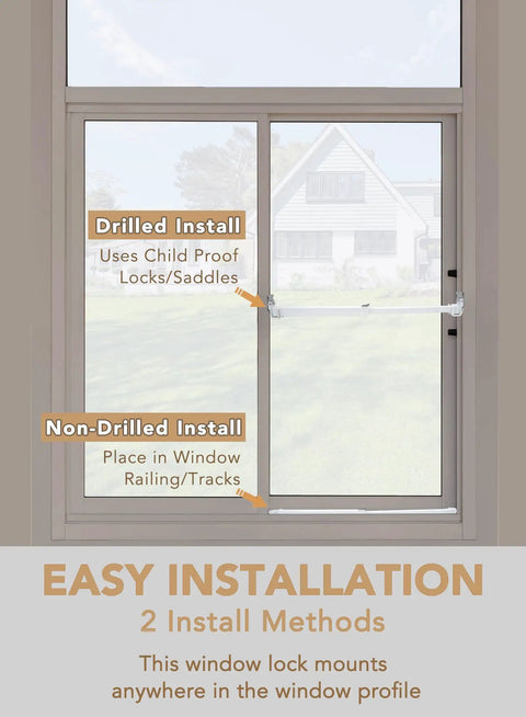 Sliding Glass Door Security Bar Adjustable From 25.75 To 47.5 Inches Keeps Kids Safe And Stays Put Easy Install Rustproof Metal Gate Stopper Fits Most Sliding Doors Space Saving Door Lock Bar For Home And Windows, showing easy installation methods in a window frame.