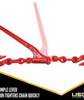 Badass Heavy Duty Lever Load Binder For 516 Inch Grade 70 Chain With 5400 Lbs Working Load Limit And 16200 Lbs Break Strength showing red lever design.
