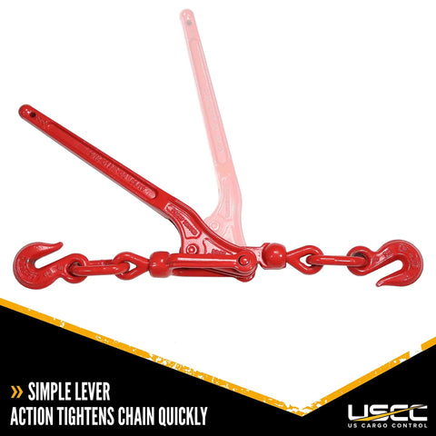 Badass Heavy Duty Lever Load Binder For 516 Inch Grade 70 Chain With 5400 Lbs Working Load Limit And 16200 Lbs Break Strength showing red lever design.