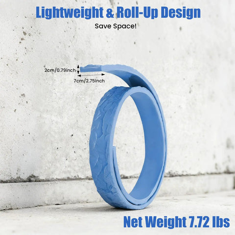 Concrete Texture Edge Form for Pools and Cabinets, 90.55 Inch by 2.75 Inch Blue PU Mold rolled up on concrete surface