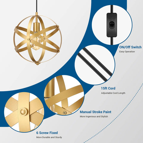 Plug In Pendant Light In Gold Industrial Style Metal Globe With 15 Ft Cord On Off Switch Vintage Vibe Ceiling Fixture