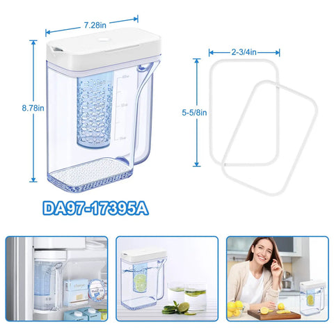 Upgraded DA97-17395A Water Pitcher Reservoir Replacement for fridge door, dimensions labeled, compatible with RF23M8570SR RF23M8090SR