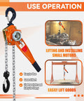 Lever chain hoist 1-1/2 ton, front view, orange body with metal hook and steel chain, manual lifting