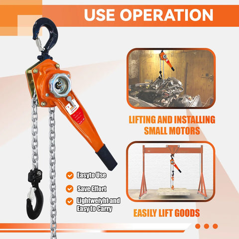 Lever chain hoist 1-1/2 ton, front view, orange body with metal hook and steel chain, manual lifting