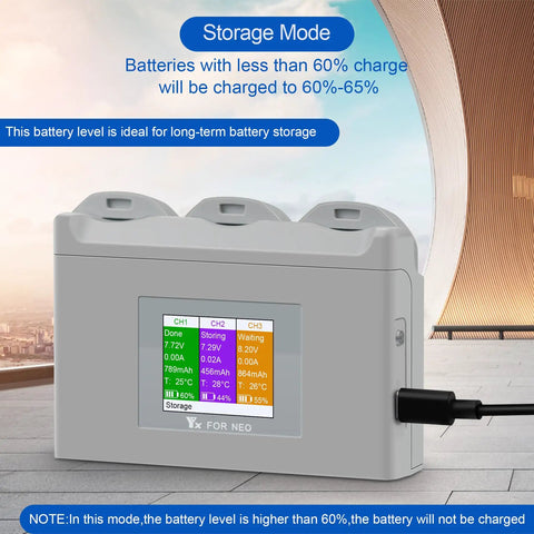 Triple Port Drone Battery Charger Hub With LCD Display And Smart Power Management For DJI Drones showing storage mode screen