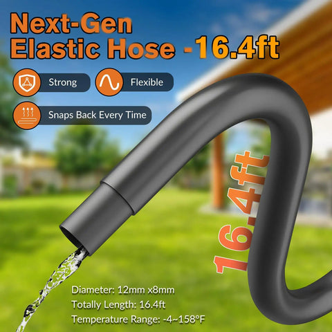Next-gen elastic hose 16.4ft with water flow, showcasing strength, flexibility, temperature range, and snap-back feature.