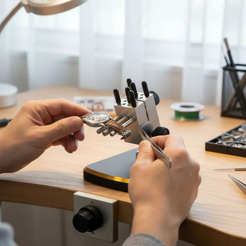 Versatile Mini Vise Table Top Clamp For Hobby Jewelers Features Rotating Base And Adjustable Angles To Secure Workpieces Easily while holding a watch for assembly.