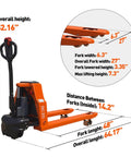 Heavy Duty Full Electric Pallet Jack With 4400 Lb Load Capacity Plus 48 By 27 Inch Forks, showcasing dimensions and features.