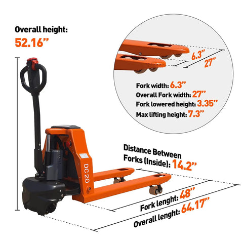 Heavy Duty Full Electric Pallet Jack With 4400 Lb Load Capacity Plus 48 By 27 Inch Forks, showcasing dimensions and features.