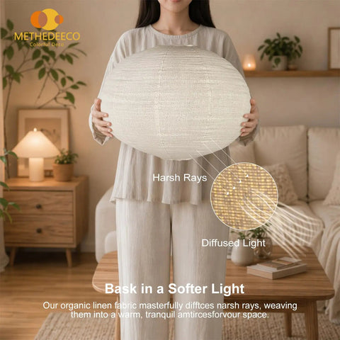 20 Inch Natural Linen Plug In Pendant Light With 16 Foot Cord And E26 Socket Renter Friendly No Sweat Setup in cozy living room.