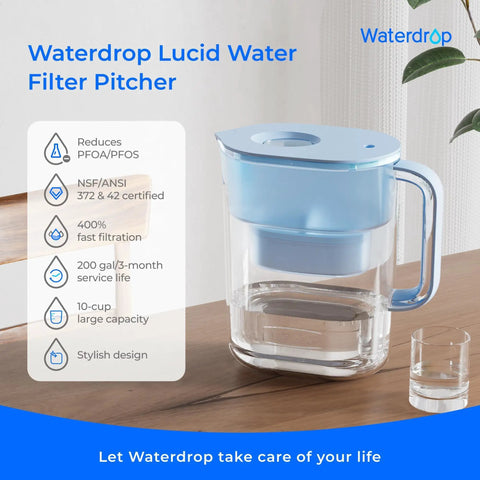 Ten Cup Water Filter Pitcher Bundled With Three NSF Certified Cartridges For Straight Up Clean Hydration And No Nonsense Flavor That Hits Different Every Time You Sip on a wooden table.