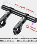 Handlebar Extender 8 Inch Cross Bar For Mounting Bike And Motorcycle Accessories, dimensions and fitting sizes shown