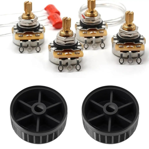 Two Aluminum Alloy Potentiometer Knobs For 6.0mm Shaft Plum Blossom Axis Encoders 40mm Diameter 17mm Tall Black Dope Grip Ultra Durable Slip Resistant For Smooth Adjustments shown with additional components