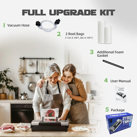All In One Vacuum Sealer With 90Kpa Power For Dry Or Moist Food Easy Lock Handle Double Pump Built In Cutter Bags Storage 10 In 1 Functions Stainless Steel Kitchen Workhorse with family using it in kitchen