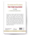 Back cover of The Time Machine By HG Wells Abridged Novel featuring summary and publisher details, illustrated edition.