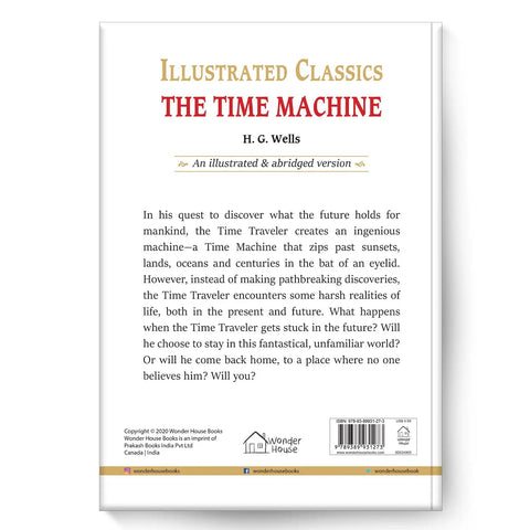 Back cover of The Time Machine By HG Wells Abridged Novel featuring summary and publisher details, illustrated edition.