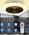 Bladeless 18 Inch Ceiling Fan With Lights Remote Control Enclosed Low Profile Design Three Speed Settings And Three Color Temperature Modes White Finish Quiet Modern Ceiling Fan For Living Room Or Bedroom with app control features displayed.