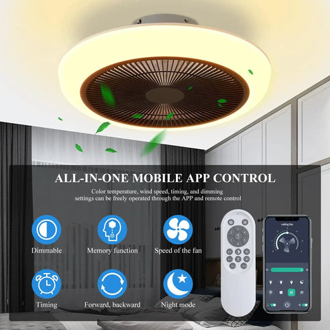 Bladeless 18 Inch Ceiling Fan With Lights Remote Control Enclosed Low Profile Design Three Speed Settings And Three Color Temperature Modes White Finish Quiet Modern Ceiling Fan For Living Room Or Bedroom with app control features displayed.