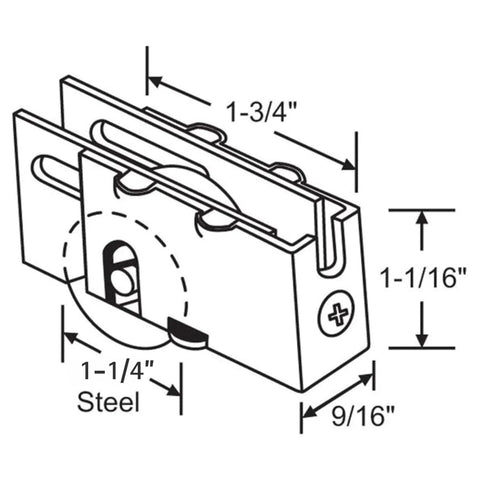 Sliding Door Roller Assembly Replacement For Patio Glass Doors With One And One Quarter Inch Precision Bearing Steel Wheel Easy Install Fix And Repair Hardware For Smooth Sliding And Durable Track Performance, dimension drawing