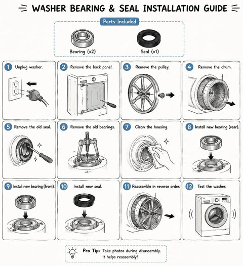Installation guide for Heavy Duty Washing Machine Tub Bearing And Seal Rebuild Kit For Samsung Front Loaders, step-by-step instructions.
