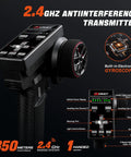 Close-up of Go-To Universal 2.4GHz Hand Controlled RC Transmitter with ergonomic grip and controls for cars boats and tanks.
