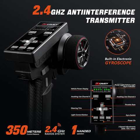 Close-up of Go-To Universal 2.4GHz Hand Controlled RC Transmitter with ergonomic grip and controls for cars boats and tanks.
