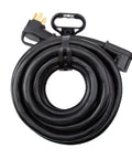 Coiled 50 Amp RV Extension Cord 15 Ft With Easy Grip Handles 6 To 8 AWG NEMA 14 50 Outdoor Heavy Duty Power Cable with visible plug