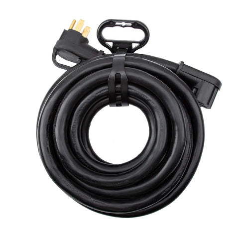 Coiled 50 Amp RV Extension Cord 15 Ft With Easy Grip Handles 6 To 8 AWG NEMA 14 50 Outdoor Heavy Duty Power Cable with visible plug