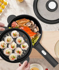 Mini Electric Pot With Nonstick 2L Capacity, Sauté And Steam Function, showing sautéed seafood and steamed dumplings.