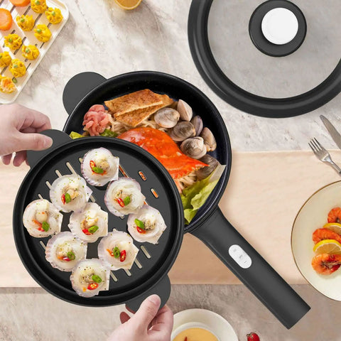 Mini Electric Pot With Nonstick 2L Capacity, Sauté And Steam Function, showing sautéed seafood and steamed dumplings.
