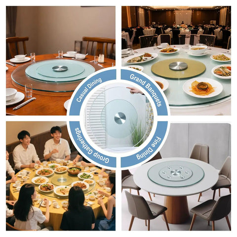 Collage of 360 Degree Glass Lazy Susan Turntable for Dining Tables, used in various settings like family dinners and weddings.